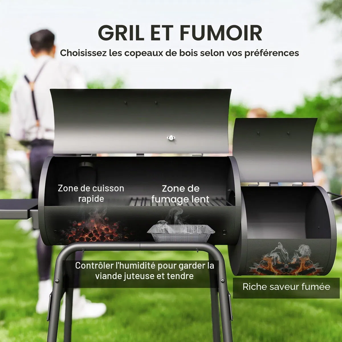 Outsunny Barbecue à charbon fumoir BBQ grill smoker sur pied avec couvercle, roulettes, thermomètre, étagères acier laminé à froid, noir