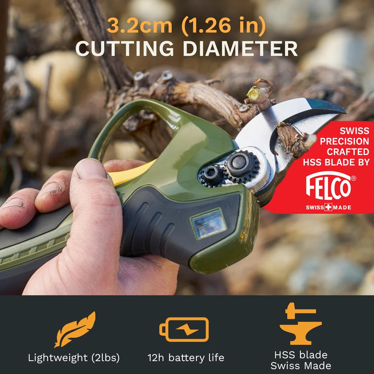 ALPEN Wildhorn 32 Sécateur électrique sans fil – Lame suisse HSS FELCO, coupe 32 mm, 3 batteries Li-Ion, écran LCD, outil pro jardinage ergonomique et puissant