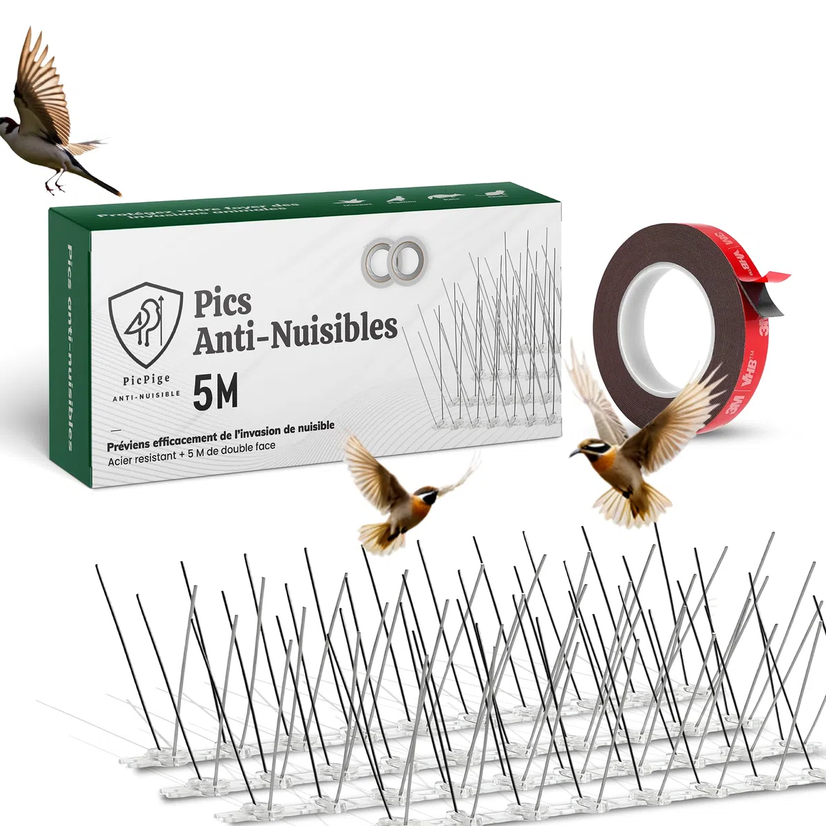 Pic Anti Pigeon - 5 Mètres - Acier Inoxydable - 5M de Double Face Inclus - Pique Anti Oiseaux -Anti nuisible pour Balcon,fenêtre,Toit- Antipigeon- Pic Anti Chat (5 Mètres)