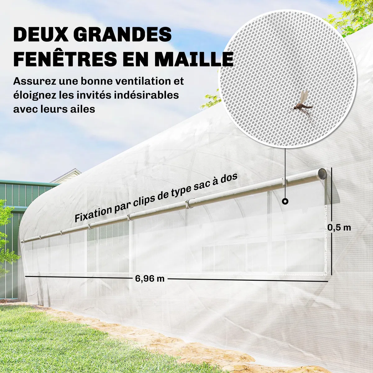 Outsunny Serre Tunnel de Jardin 24m², Serre de Jardin Tunnel 295x798x198cm avec Cadre en Acier galvanisé, Portes et 2 Grandes fenêtres, bâche PE Haute densité 140 g/m² prolongée de 20 cm, Blanc