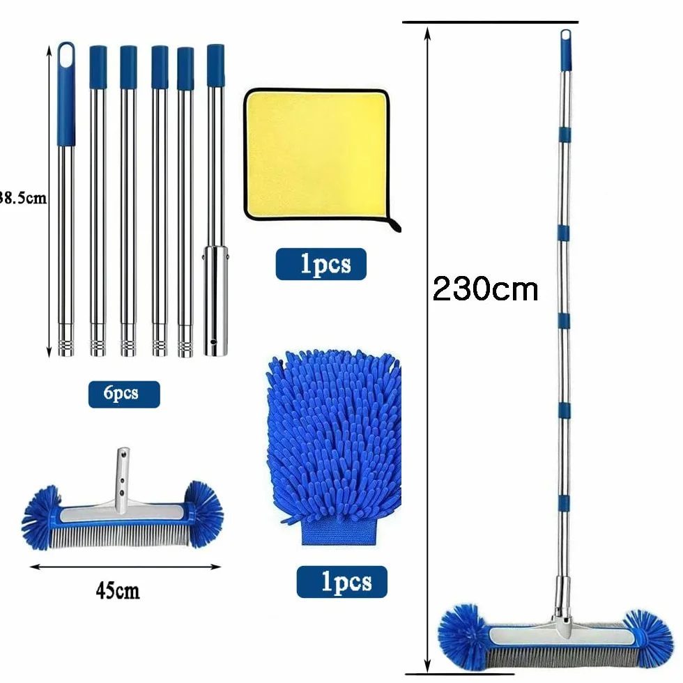 Brosse de Piscine avec Tige télescopique 230 cm, Balai Brosse 45 cm, Acier Inoxydable