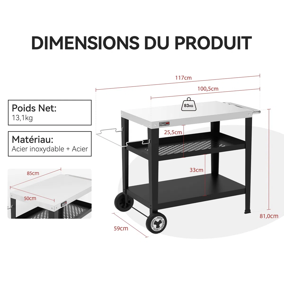 Royal Gourmet 3 Étagères Desserte pour Plancha, Chariot pour Barbecue avec Plan de Travail en Acier Inoxydable et Support de Sac à Ordures Détachable, Dessus de Table 85 x 50 cm