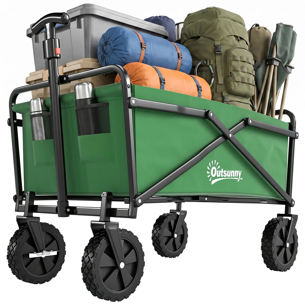Outsunny Chariot de Transport Pliable à Roues Tout-Terrain avec Freins, Chariot de Campings avec Poignée en Acier, pour Plage Jardin Extérieur, Charge 40kg, 120L, Vert Foncé