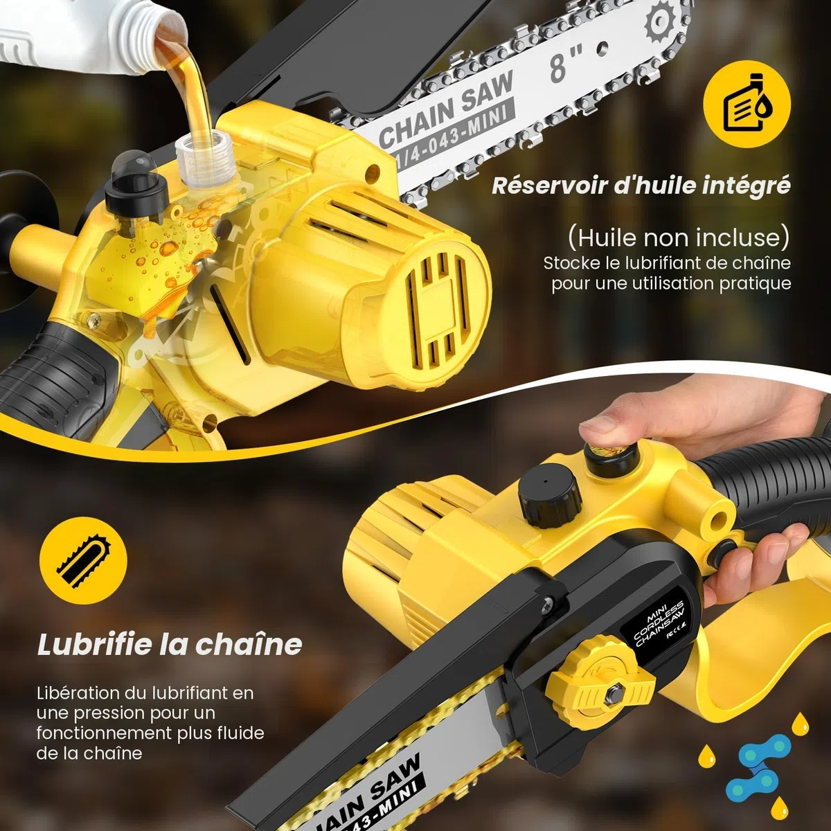 Mini Tronconneuse à Batterie, 8000 mAh Tronçonneuse Électrique Sans Fil, 1000W 8 & 6 Pouces Tronconneuse à Batterie pour Branches et Jardin,avec Système D'huile Automatique, Compatible avec Makita 18V