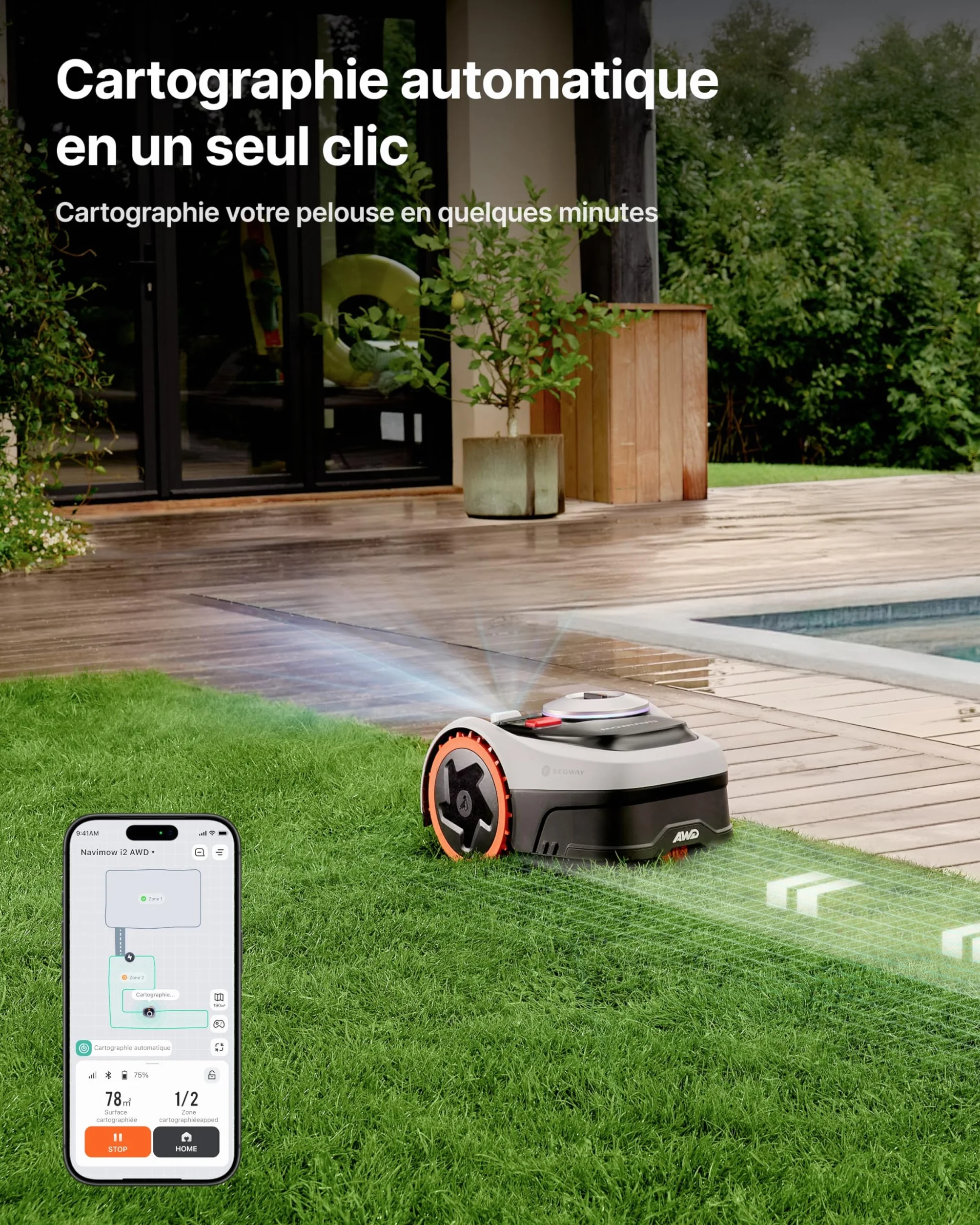 Segway Navimow i208 AWD Robot tondeuse et Garage S, Trois roues motrices, monte les pentes jusqu'à 45%, EFLS NRTK + Vision, Cartographie automatique, sans antenne, jardin de 800 m²(expédié séparément)