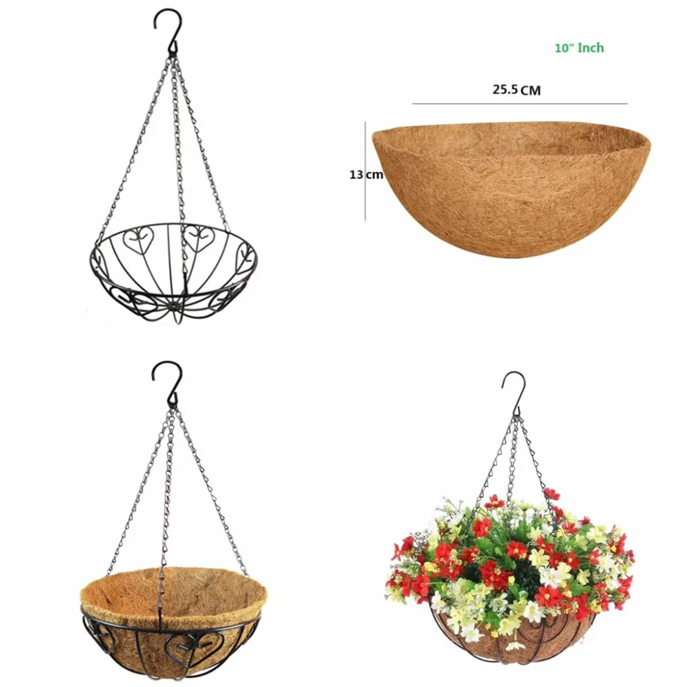 NatureMan Lot de 2 paniers de plantation suspendus 25 cm - Pots de fleurs extérieurs avec doublure en coco - Support pour plantes rond en fil de métal avec chaîne