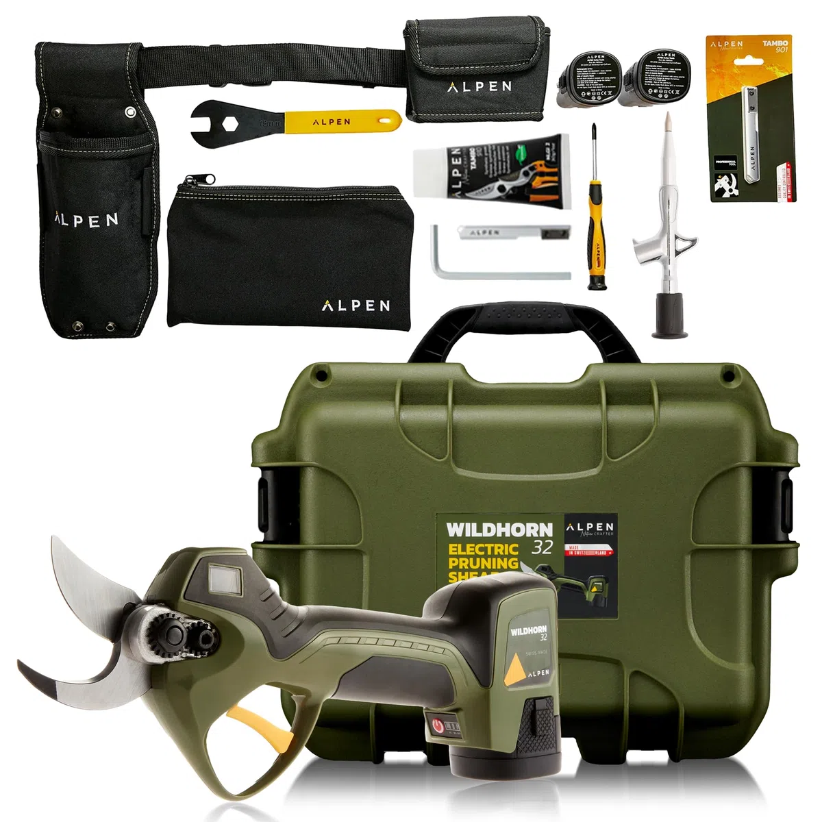 ALPEN Wildhorn 32 Sécateur électrique sans fil – Lame suisse HSS FELCO, coupe 32 mm, 3 batteries Li-Ion, écran LCD, outil pro jardinage ergonomique et puissant