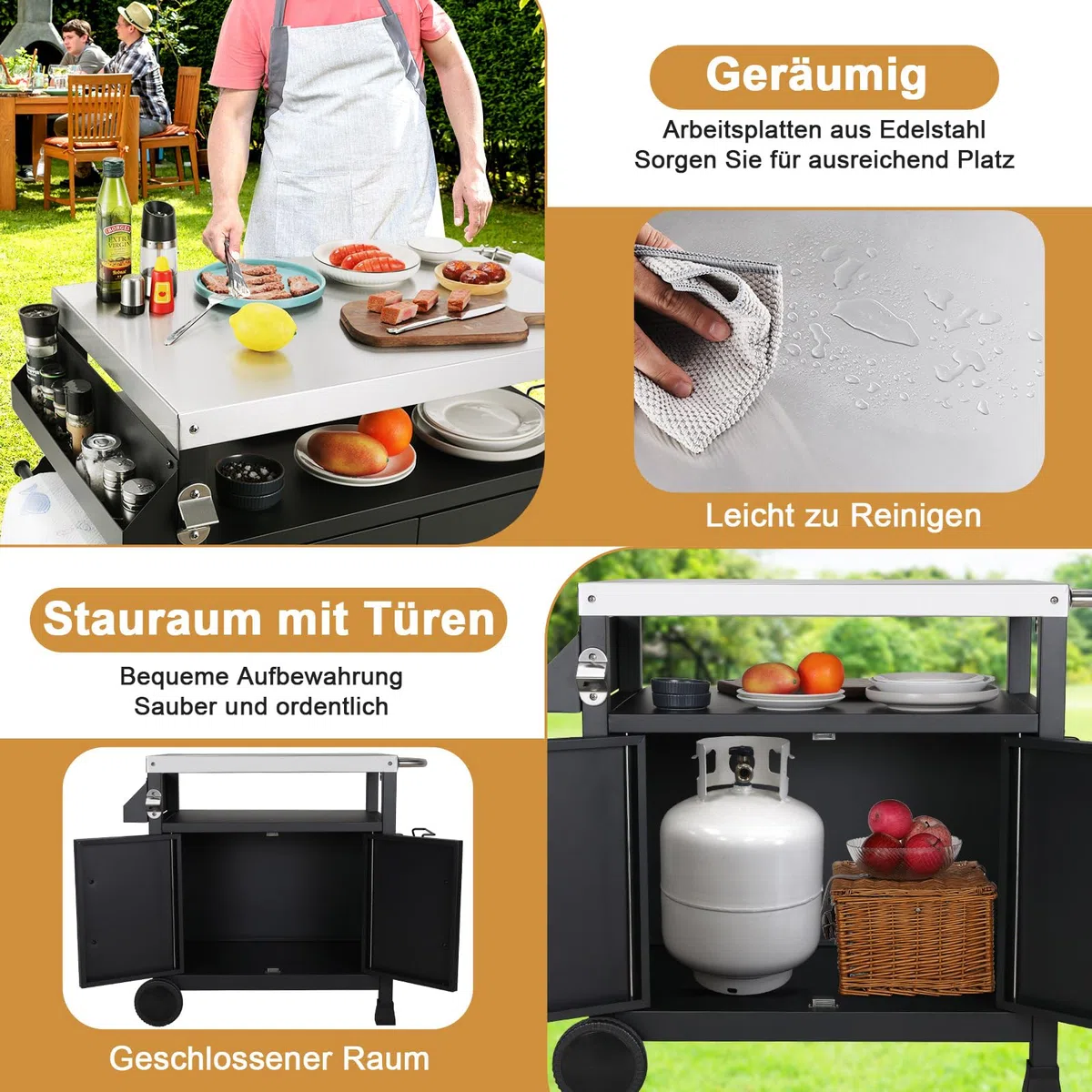 LIFERUN Chariot de Barbecue en Acier Inoxydable,Table de Barbecue avec Crochets, 2 roulettes et Armoire, Desserte Extérieure 3 Niveaux Plateau de Table INOX, Chariot BBQ pour Terrasse et Four à Pizza