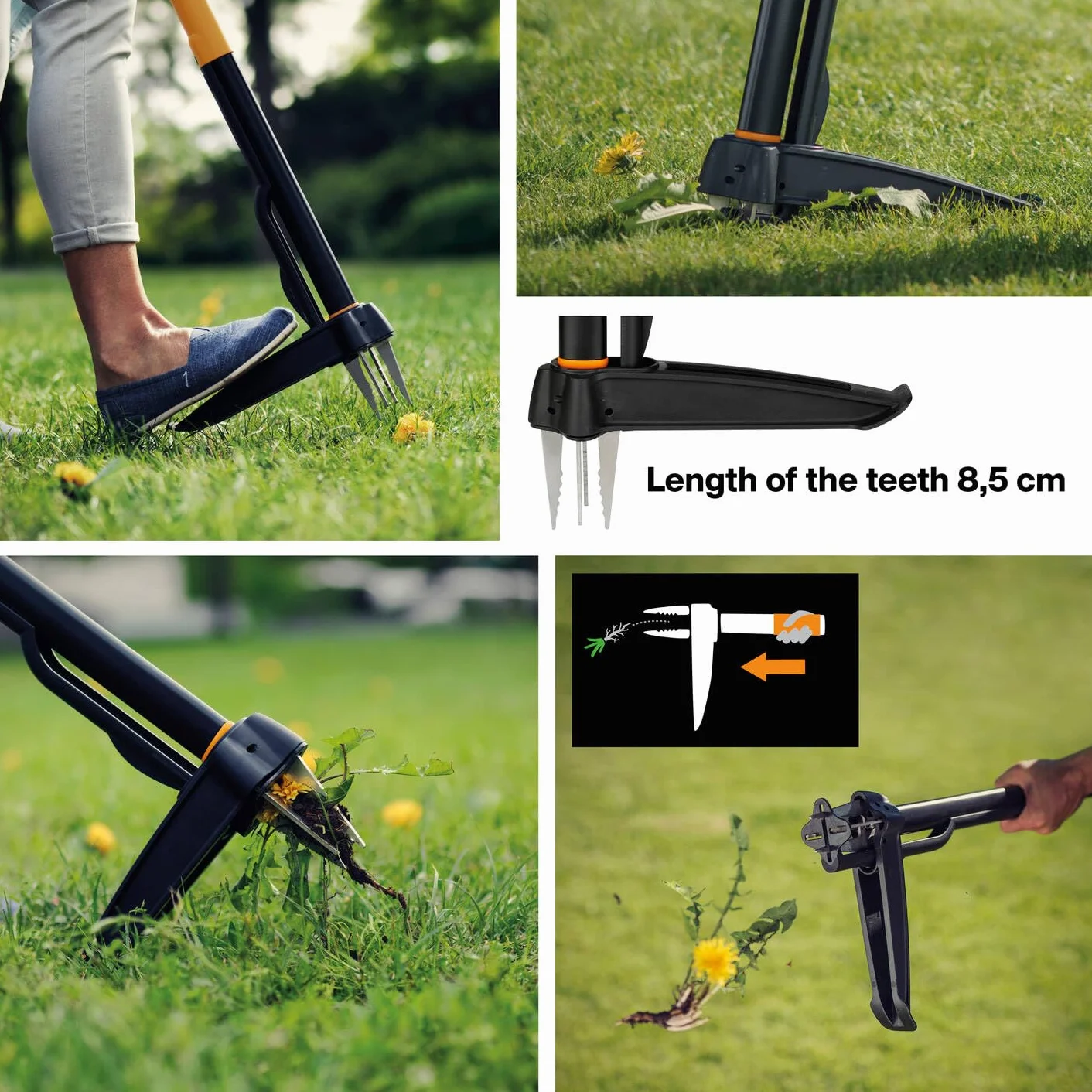 Fiskars Désherbeur Xact, longueur : 1 m, bras en acier inoxydable/poignée en plastique, noir/orange, emballage carton individuel, 1077305