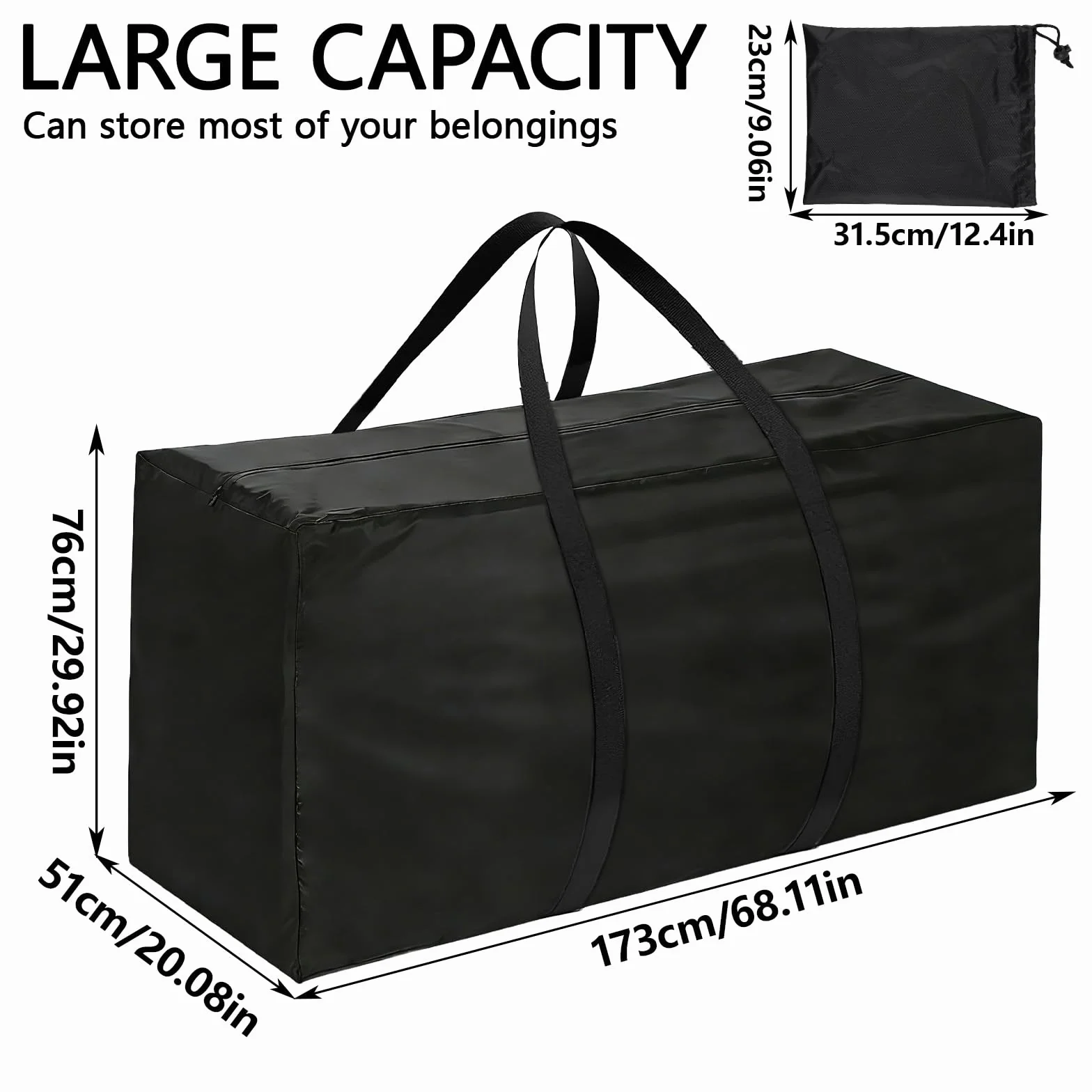 Sac de Rangement pour Coussin de Jardin Grand Format Tissu Oxford Noir avec Poignées Renforcées