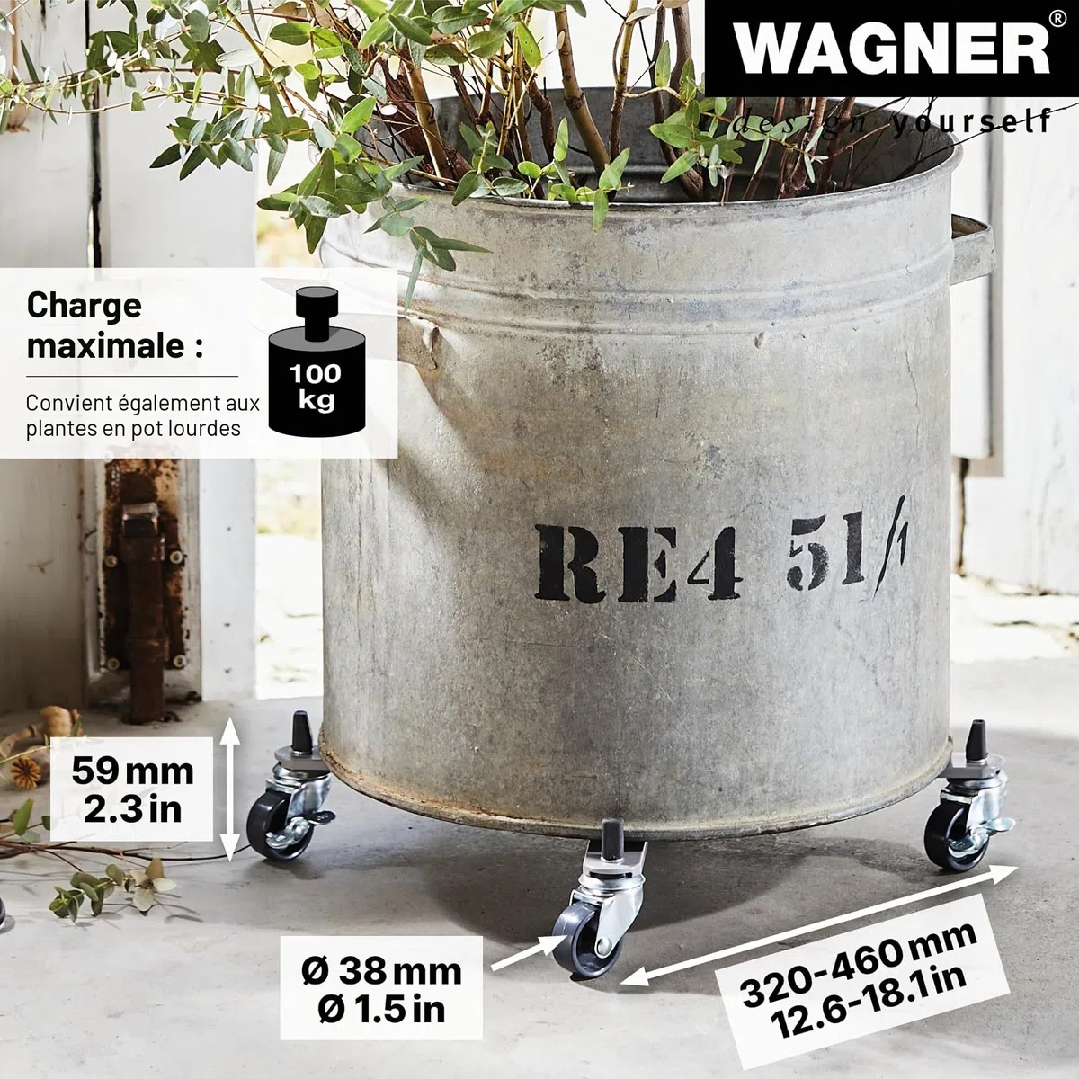 Wagner Support à roulettes pour Pot de Fleur Sun City Basic Surface Disponible 32-46 x 6 cm I Extensible en continu, 2 Freins I en Acier I intérieur + extérieur I Capacité de Charge 100 kg- 20082701