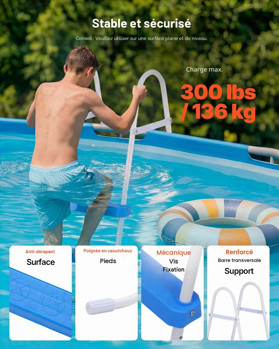 VEVOR Échelle de Piscine Hors Sol 91,4 cm Acier Carbone 3 Marches PP Antidérapantes Capacité Charge 136 kg Blanc Bleu
