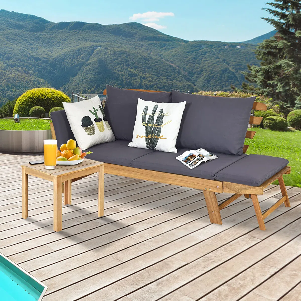 KOMFOTTEU Canapé de Jardin en Bois d'acacia, 2 Places, Sofa de Jardin avec Accoudoirs Inclinables, Canapé d'Extérieur avec Coussin, 157-198 x 75 x 75 cm, pour Terrasse, Balcon, Cour (Gris)