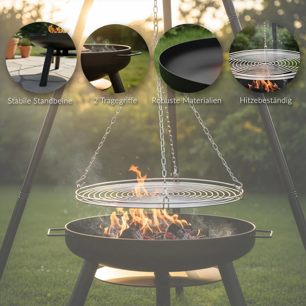 LEHMANN Brasero Exterieur Barbecue Ø 60 cm avec Grille de Cuisson - Grande Brasero de Jardin pour Terrasse la Jardin - Structure en Acier - Robuste et Durable - Noir - 12 kg