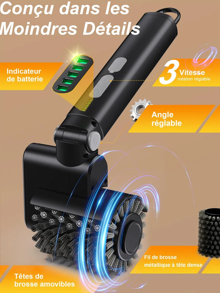 Brosse de Gril Électrique Rechargeable sans Fil, Contrôle de Puissance 3 Vitesses, 2 Têtes de Brosse