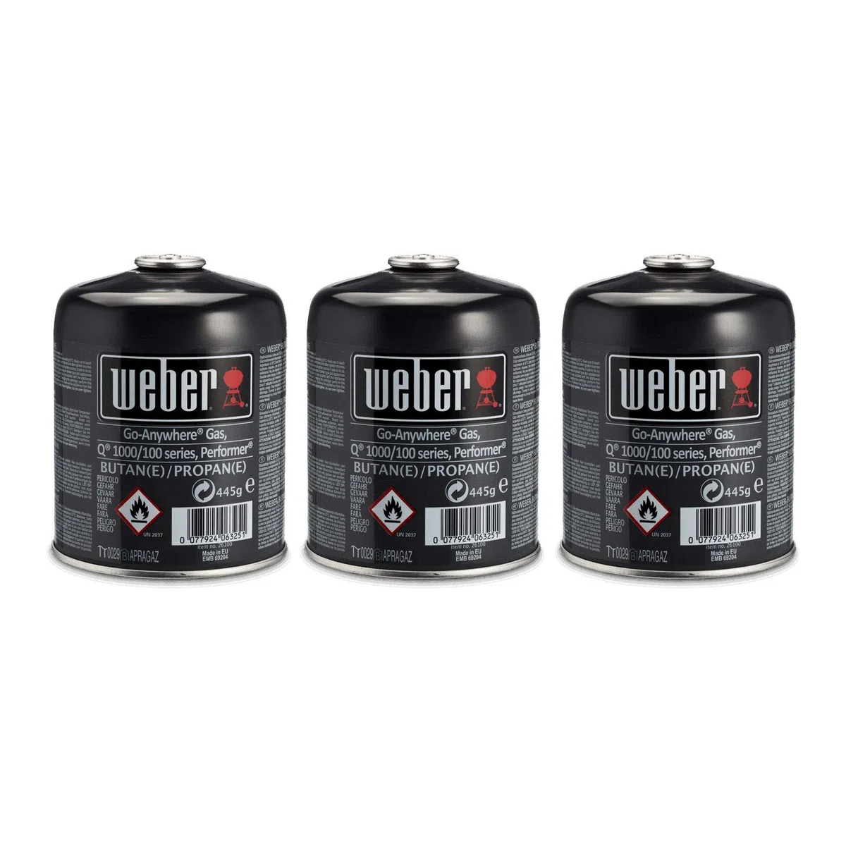 Weber Cartouches de gaz/Pack de 3 Cartouches Butane-Propane pour barbecues Portables, autonomie Longue durée, 3 x 445 g