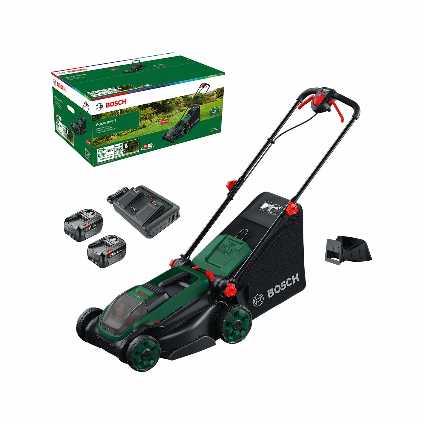 Bosch Tondeuse à Gazon sans-Fil ROTAK18V2-38 (Largeur de Coupe: 38 cm, Hauteur de Coupe: 30-75 mm, Sac de ramassage en Tissu de 40 l, Accessoire de Mulching, avec Deux Batteries 18V et Chargeur)