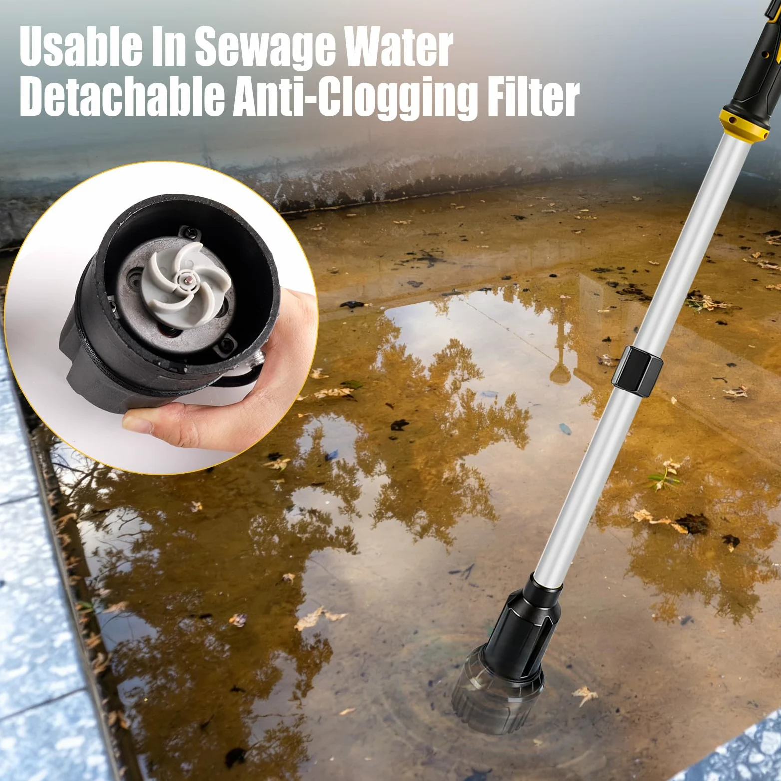 Pompe de transfert d'eau sans fil compatible avec De-Walt 18V, pompe de transfert portable, hauteur de tête de 3 m, débit élevé de 3600 L/h pour sous-sol, piscine, étang, barils de pluie, vidange de