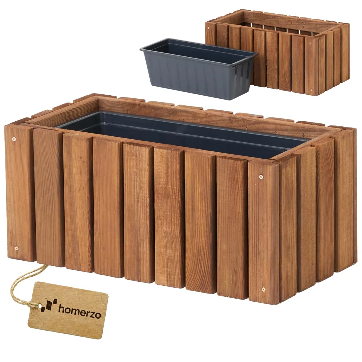Jardinière en bois rectangulaire – imprégnée marron, avec insert en plastique amovible – Pot de fleurs pour balcon, jardin et terrasse (Vertical marron, 45x23 H20)
