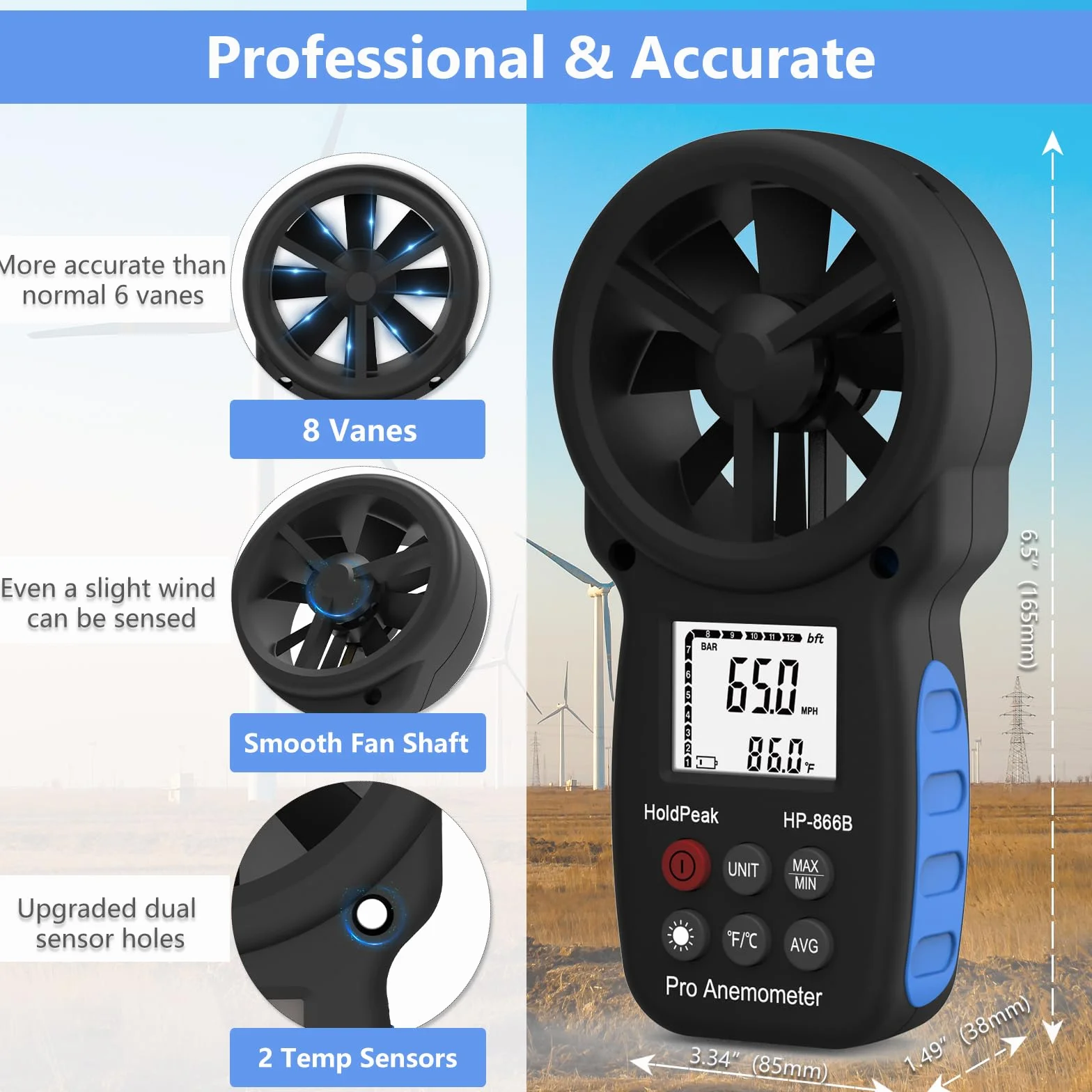 Anémomètre portable Bluetooth avec support, compteur numérique de vitesse du vent, appareil de mesure de la température du débit d'air CFM pour HVAC en plein air, voile, tir au golf, 866B-APP