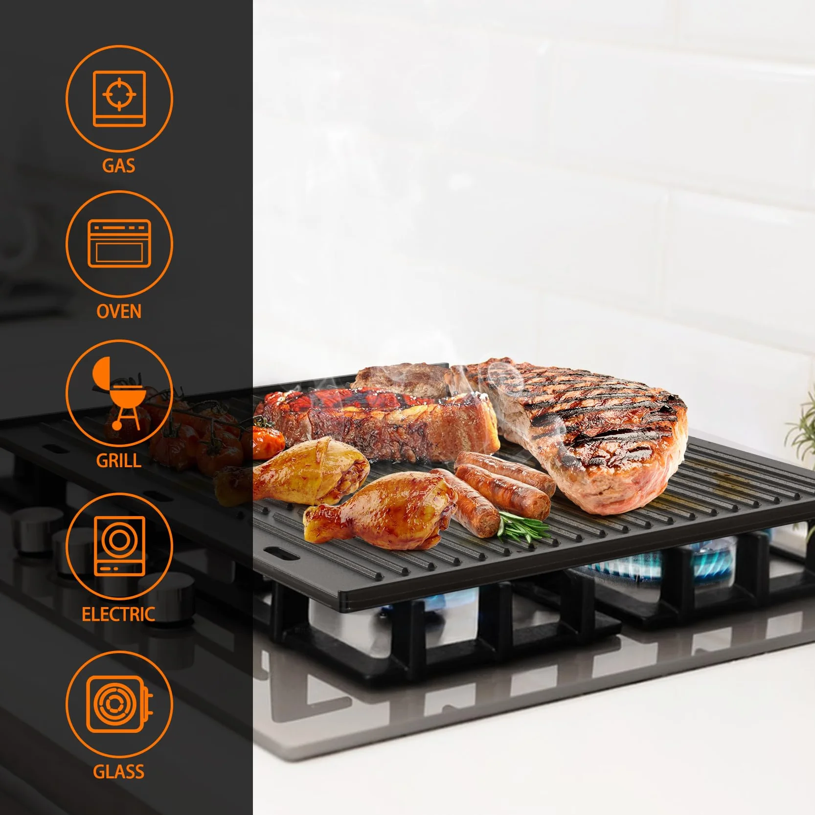 Onlyfire 48.5 x 40 cm Plaque de Cuisson Réversible en Fonte pour Barbecue à Gaz et Cuisinière à Gaz- Plaque Plancha Universelle en Fonte - Plaque à Griller pour BBQ - Plaque de Grill pour Barbecue