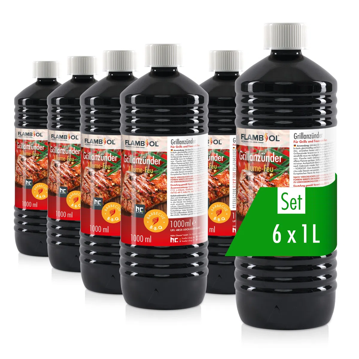 Höfer Chemie Allume-Feu Liquide pour Barbecue 6 x 1 L – Allume-Barbecue à Base de Paraffine, Haute Pureté, Inodore
