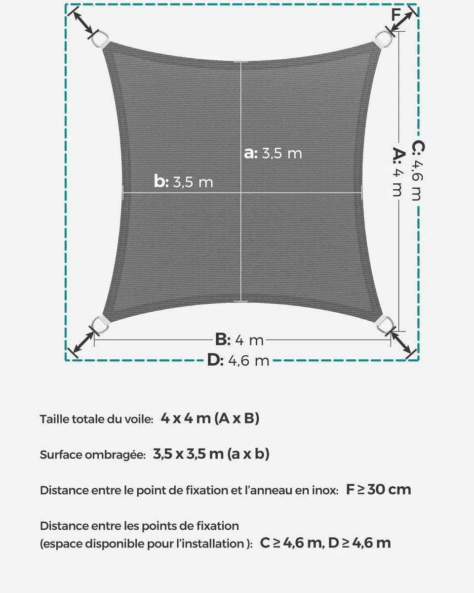 SONGMICS Voile d’Ombrage 4 x 4 m, Protection Solaire en Tissu HDPE, Respirant, Perméable à l’Eau, pour Terrasse, Jardin, Balcon, Camping, Carré, Concave, Cordes de 2 m, Gris Anthracite GSS44GY