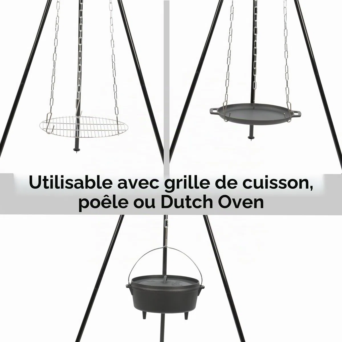 BBQ-Toro Kit de 6 Dutch Oven en Fonte Préassaisonnée avec Caisse en Bois, Poêle, Grille et Trépied pour Camping