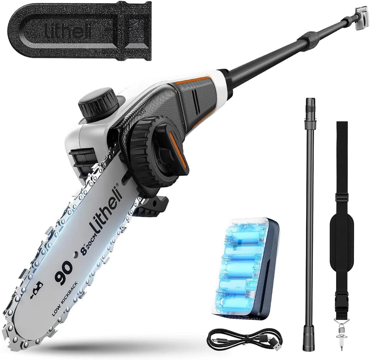 Litheli Élagueuse sur Perche sans Fil 20V avec Batterie, Tronçonneuse Télescopique 20cm, 8m/s, 3800 RPM, Portée 3.4 m, Réglage Automatique & Lubrification Automatique, pour Branches et Jardin