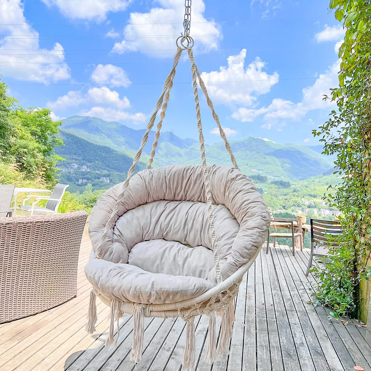 Bathonly Fauteuil Suspendu, Capacité 150 kg, Chaise Coton avec Coussin, Chaise Pivotante en Macramé, Faite à la Main avec Kits de Matériel de Suspension, Bohème, Jardin, Intérieur, Extérieur, Beige