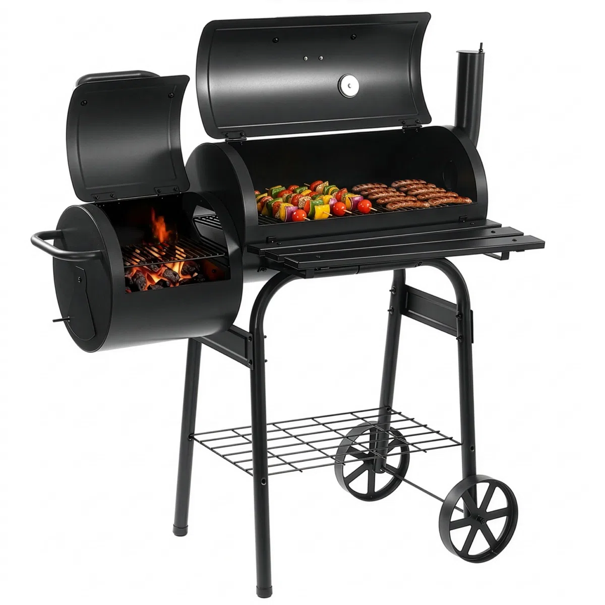 LEHMANN Barbecue Charbon de Bois et Fumoir 2 en 1, Grille XXL, Couvercle avec Thermomètre, Tablette Pliable, BBQ mobile 2 Roues