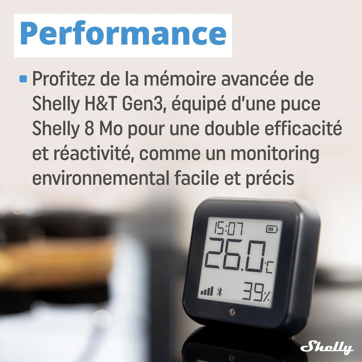 Shelly H&T Gen3 Noir Capteur de température et d'humidité connecté Wi-Fi Thermomètre Hygromètre intérieur extérieur Écran eink Horloge digitale