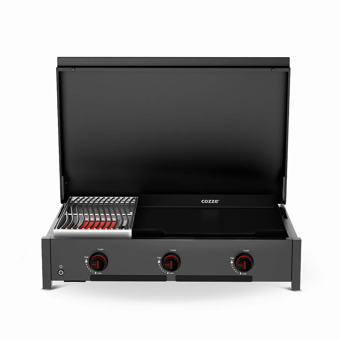 Cozze® Combo 900 – 2-en-1 Barbecue Gaz avec Plancha & Grill Viande | Station Cuisine 7,5kW avec Brûleur Infrarouge, Grande Plancha Fonte Émaillée 53cm, Allumage Rapide & Boutons Lumineux LED