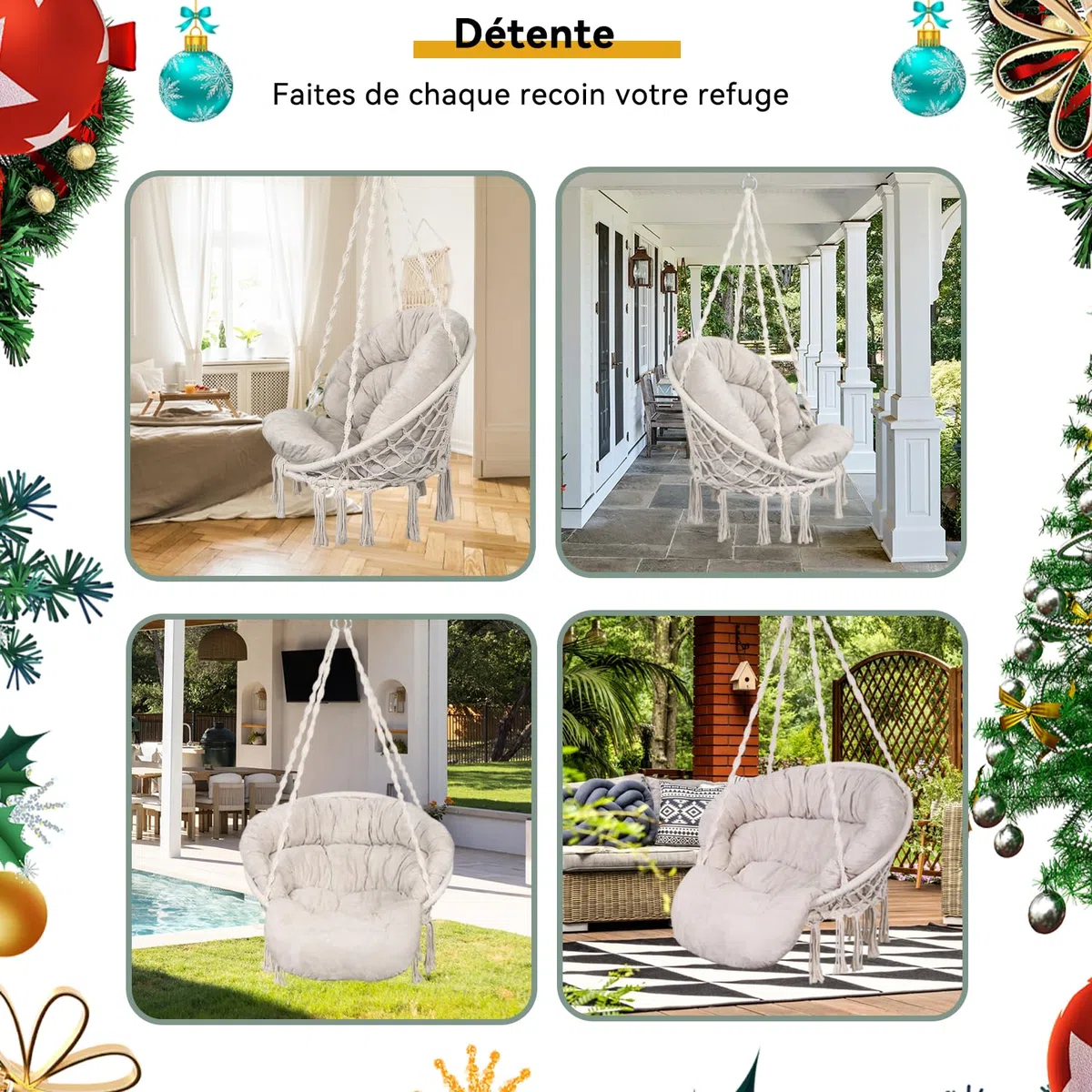 Bathonly Fauteuil Suspendu, Capacité 150 kg, Chaise Coton avec Coussin, Chaise Pivotante en Macramé, Faite à la Main avec Kits de Matériel de Suspension, Bohème, Jardin, Intérieur, Extérieur, Beige