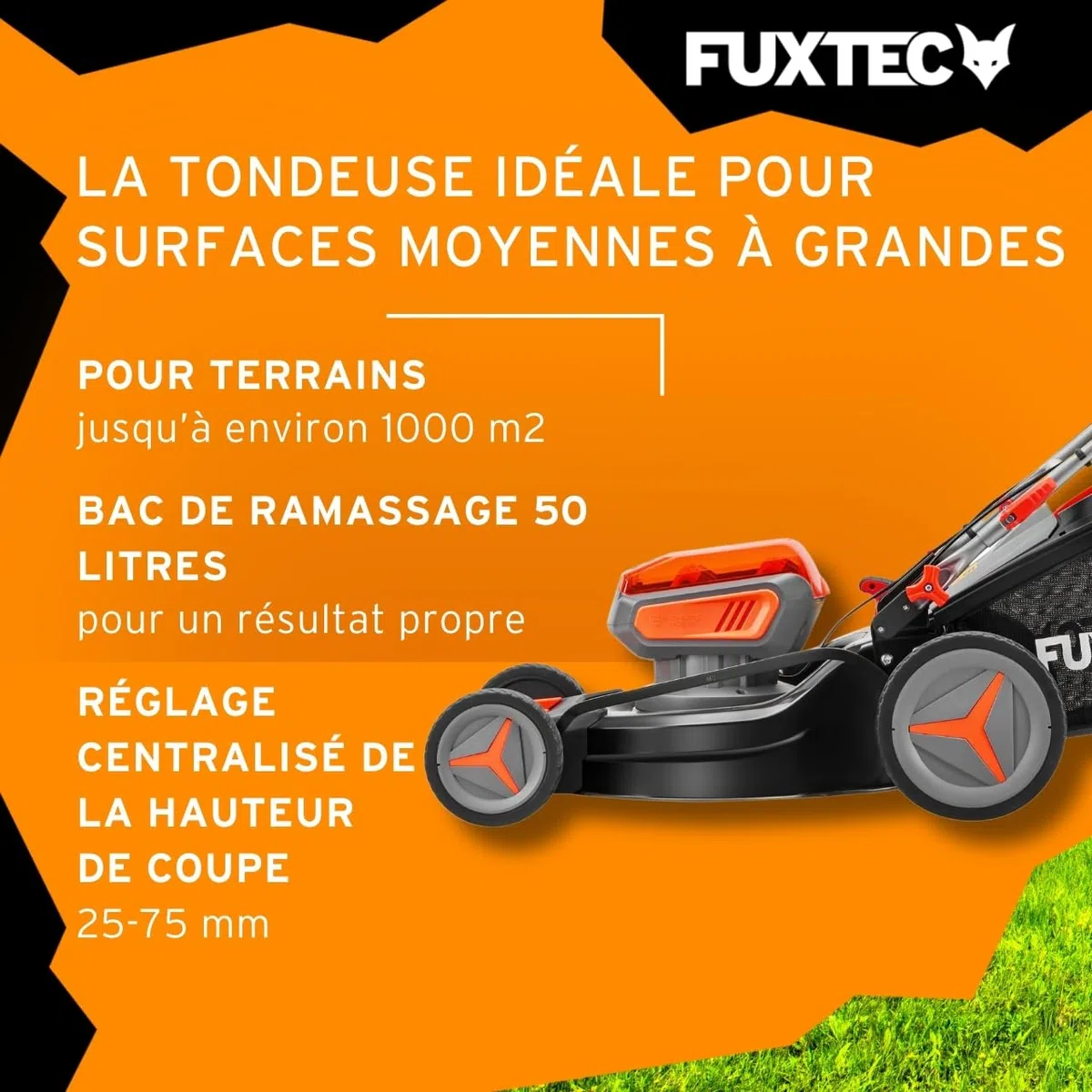 FUXTEC Tondeuse à Gazon sans Fil 40V FX-E2RM46 • Autotractée avec 2 Batteries 4Ah et Double Chargeur • Coupe 46 cm • Mulching et Éjection Latérale • Bac 50L • Hauteur de Coupe 25–75 mm