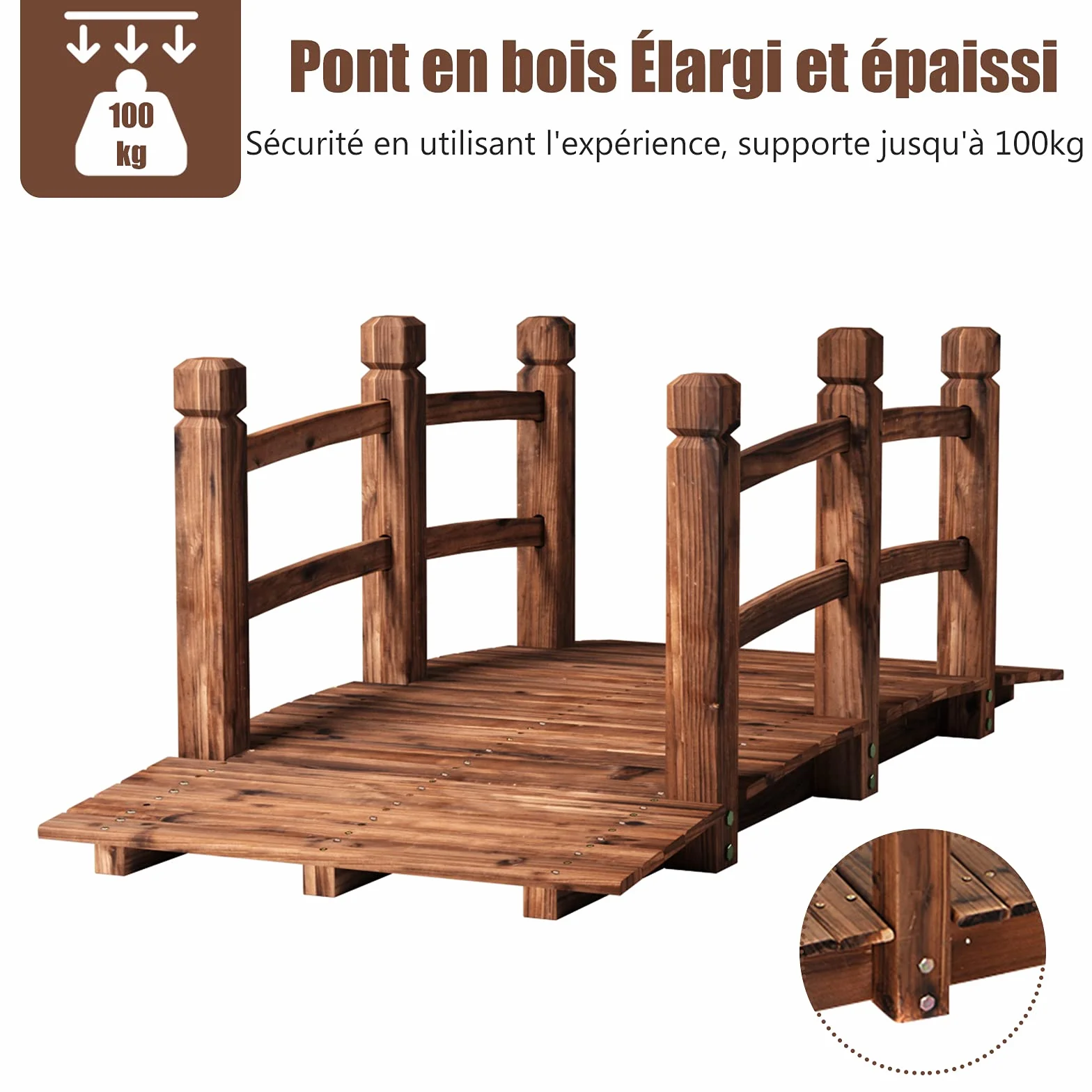 GOPLUS Pont en Bois Rustique et Massif avec Main Courante, Décoration de Jardin Pont d'Étang, Supporte de Poids Maximum 100 KG, 150 x 67 x 55CM (Brun)