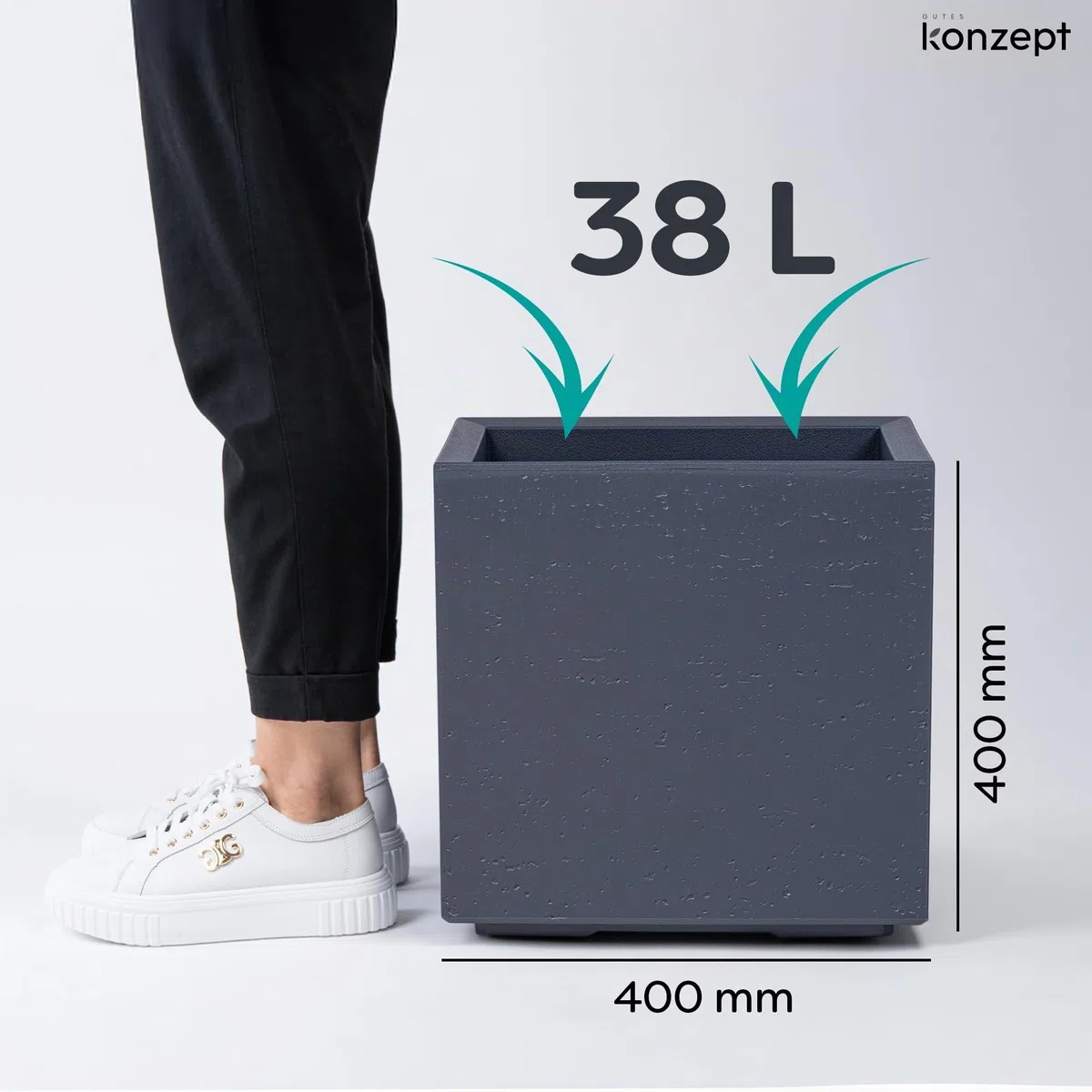 KONZEPT Grand pot de fleurs sur roulettes 40 x 40 x 40 cm, pour extérieur, carré, anthracite aspect béton, en plastique, mobile, idéal pour le jardin, la terrasse et le balcon