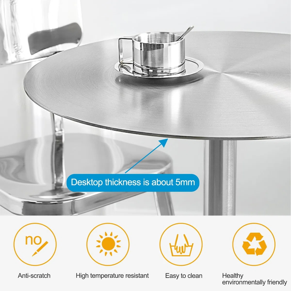 Table de bar ronde avec plateau en acier inoxydable argenté et base robuste, grande table ronde pour bar à cocktails, pub, café, thé, salle à manger, bistro, table d'extérieur/table d'appoint/patio, b