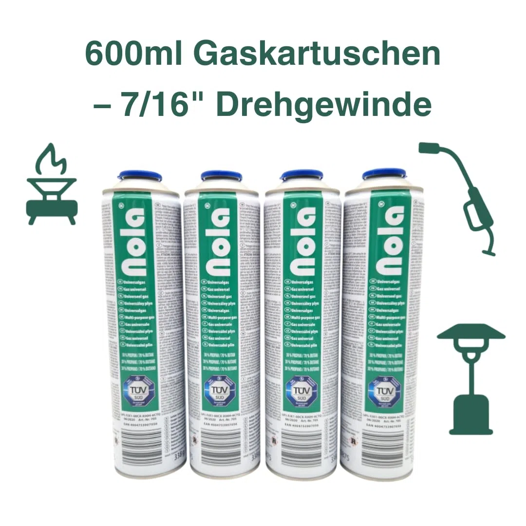 NOLA Lot de 4 cartouches de gaz universelles de 600 ml (338 g) – 70 % butane / 30 % propane – Valve à vis EN417 – Gaz de camping pour désherbeur, chalumeau, réchaud à gaz, barbecue à gaz et