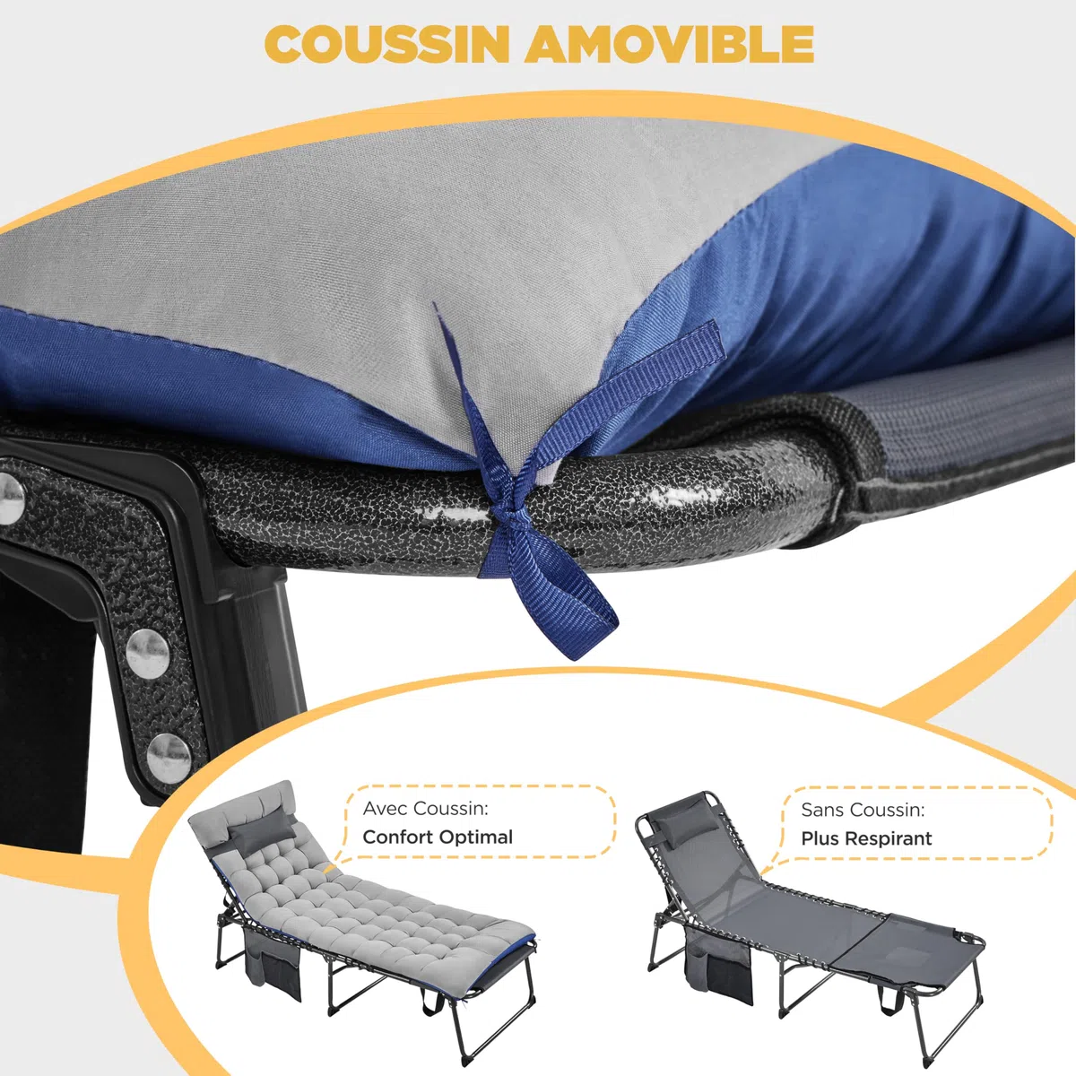 Abician Transat Jardin Exterieur Inclinable à 5 Positions avec Matelas Bains de Soleil Pliable Multifonctionnel avec Appuie-tête, Poche pour Lecture Bronzer Le Dos Piscine Plage Patio Terrasse