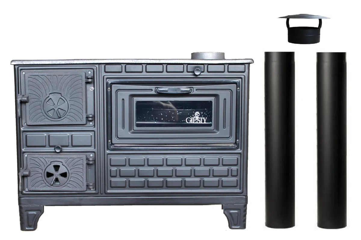 Cuisinière d'extérieur avec plaque en fonte – four de terrasse, cheminée de jardin, four à pizza et poêle à bois pour l’extérieur (Porte en fonte + 2 Tuyaux)