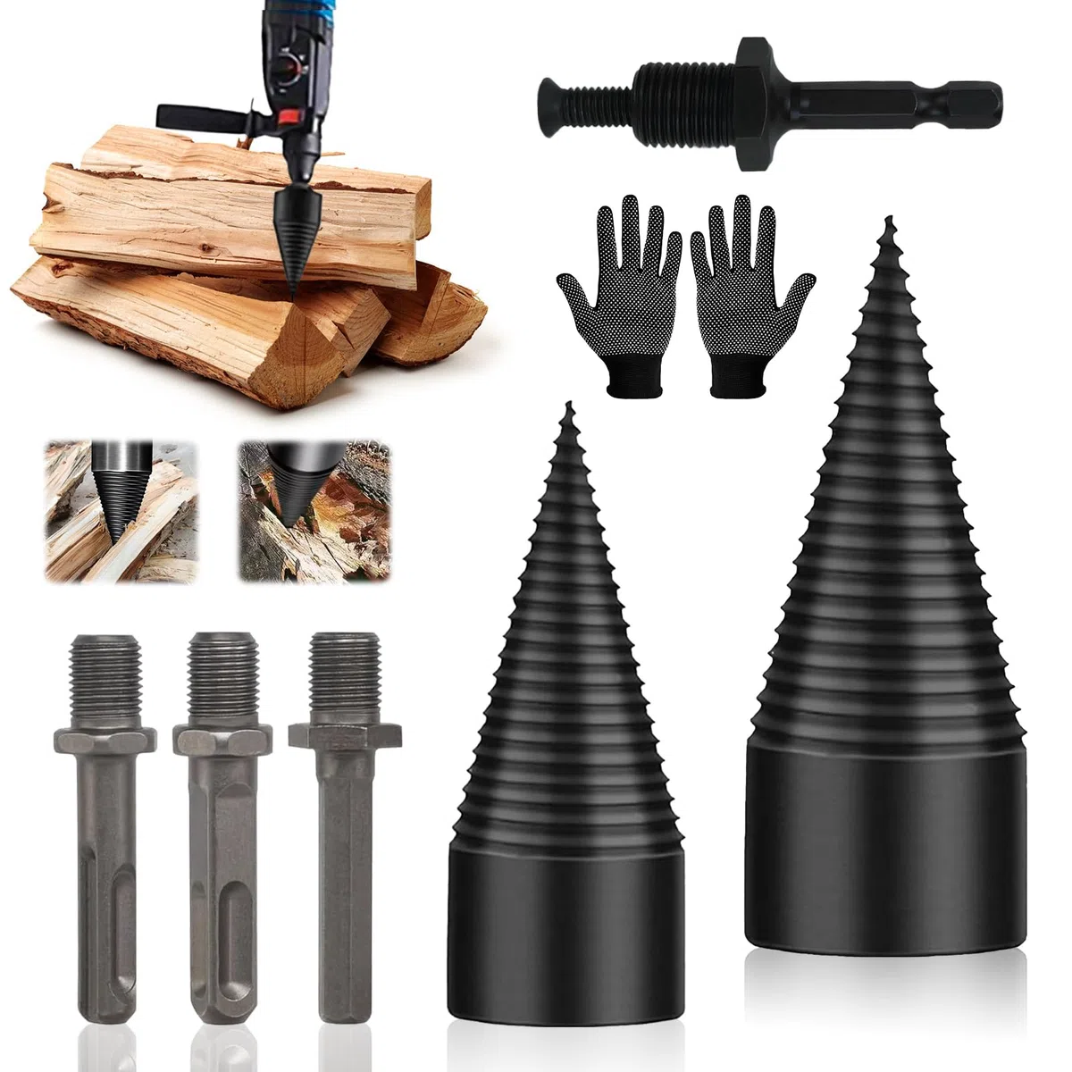 Foret Fendeur de Bois 42 mm + 32 mm, Tige Conique, 4 Poignées de Forage