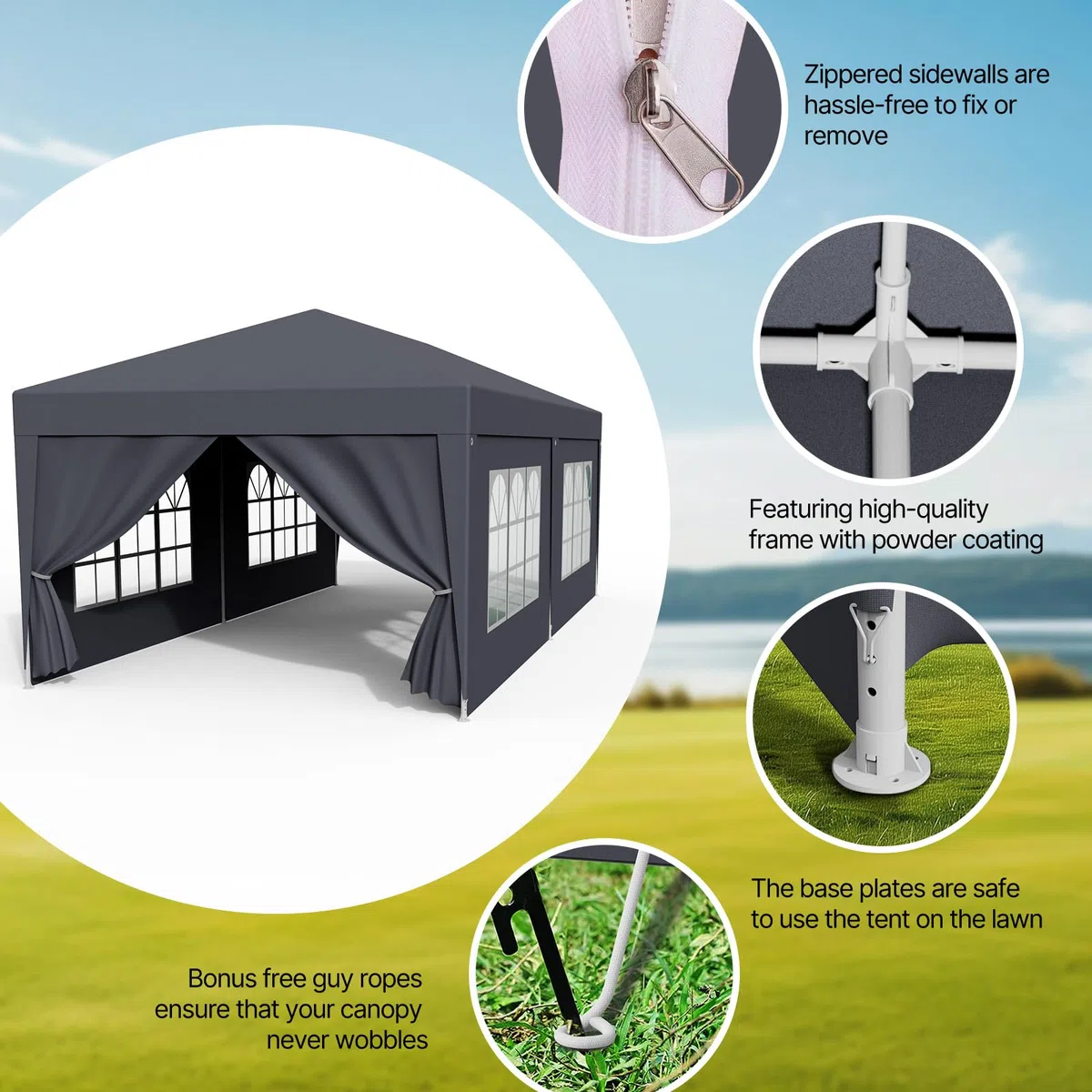 Tonnelle de Jardin 3x3, Pergola PE Imperméable avec 4 Parois Latérales, UV 50+, Tente de Fête, Auvent en Acier, Anthracite