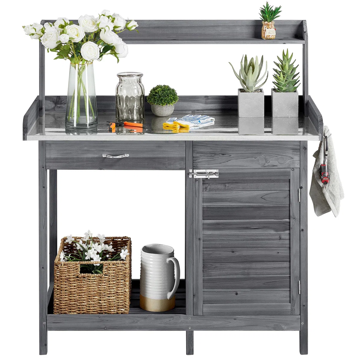 Abician Table de Rempotage Extérieure en Bois avec Tiroir Plan de Travail en Métal Étagère de Rangement Placard Inférieur 3 Crochets Latérales Table de Jardin pour Pots de Fleurs Gris