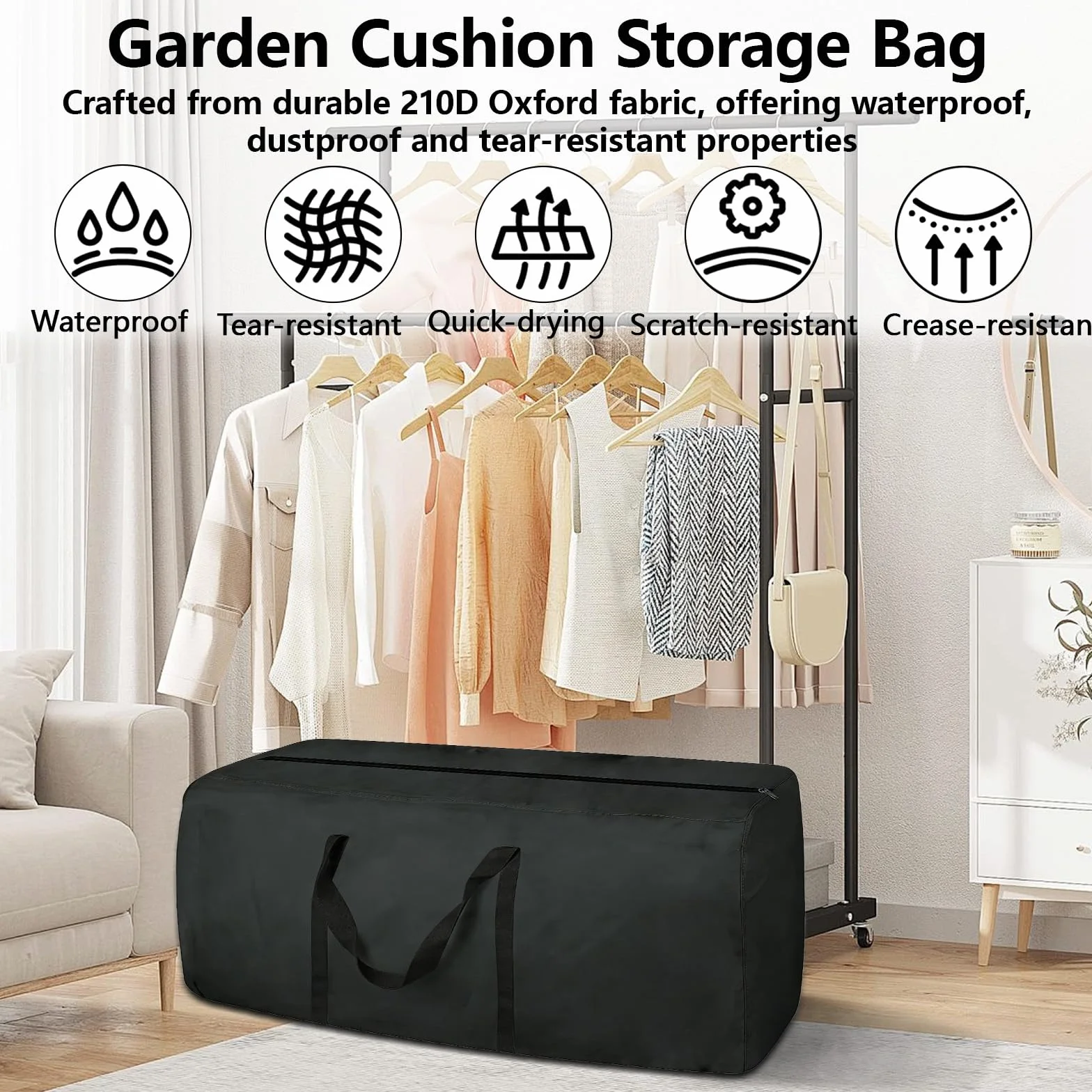 Sac de Rangement pour Coussin de Jardin Grand Format Tissu Oxford Noir avec Poignées Renforcées