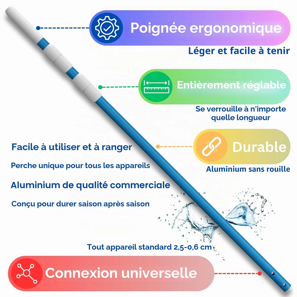 Perche de Piscine 270 cm en Aluminium pour Filets Skimmer Tige Télescopique Têtes d’Aspiration pour Tuyaux Râteaux Brosses | Longueur Réglable | 1,3 mm Perche Épaisse | Finition Bleue