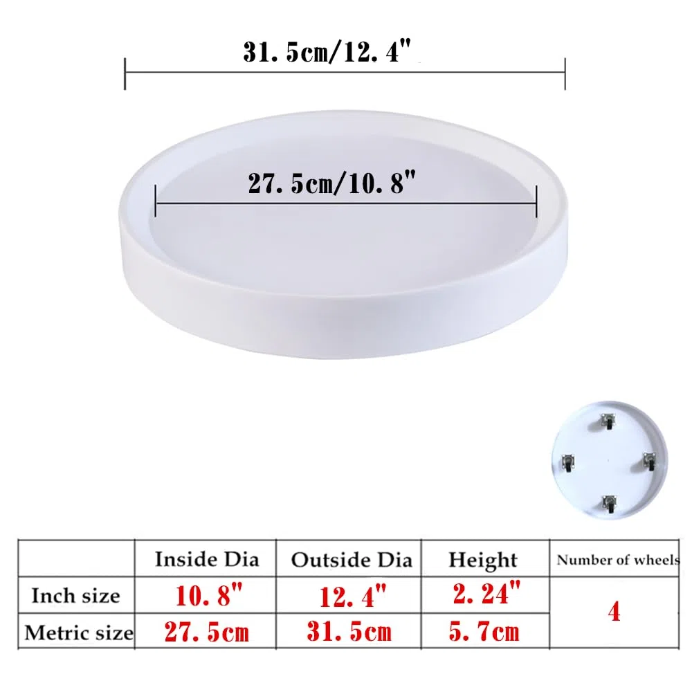 Lot de 2 Plateaux Roulants avec Roues Cachées -Diamètre intérieur 27,5 cm, Cache-pot et Support Mobile pour Plantes, Appareils, Décoration - Intérieur/Extérieur - Blanc