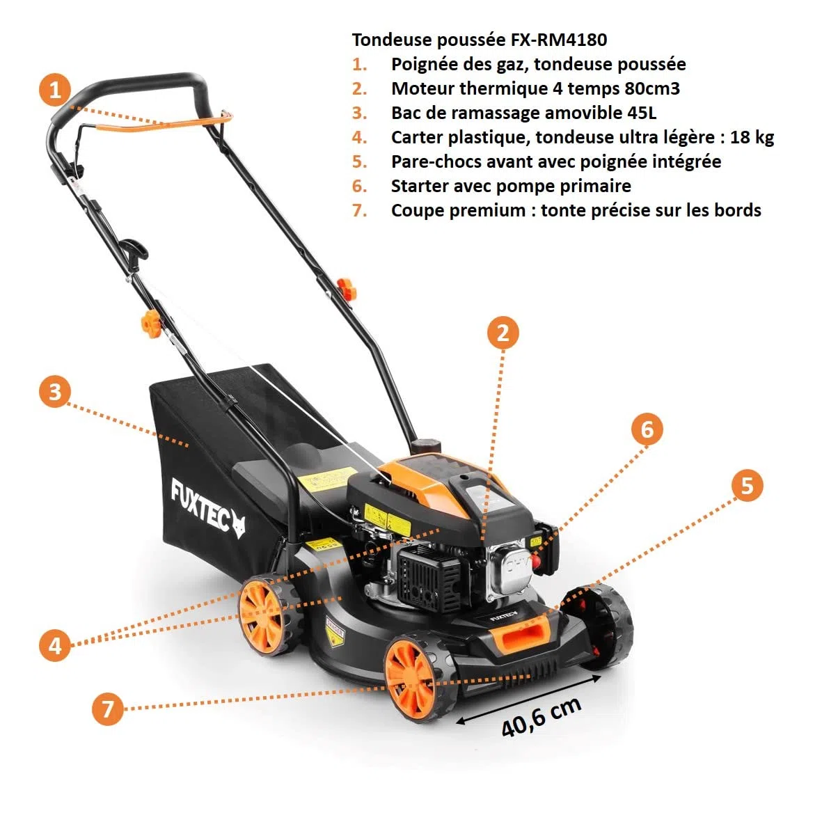 FUXTEC Tondeuse Thermique Poussée FX-RM4180 40,6cm 45L