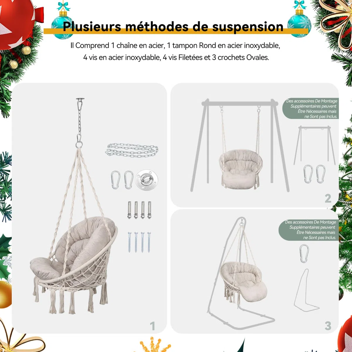 Bathonly Fauteuil Suspendu, Capacité 150 kg, Chaise Coton avec Coussin, Chaise Pivotante en Macramé, Faite à la Main avec Kits de Matériel de Suspension, Bohème, Jardin, Intérieur, Extérieur, Beige
