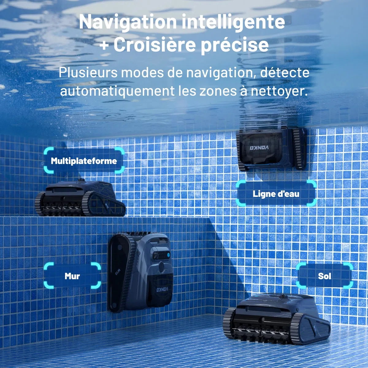 VONKO W10 P10 Robot Piscine sans Fil, Aspirateur Piscine avec Navigation IA, Nettoyage Fond/Parois/Ligne d’Eau, 180 Min d’Autonomie, pour Piscines Jusqu’à 200 m², Bleu Roi